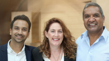 Arjun Bisen (left), with Assoc Prof Bronwen Dalton of UTS Business School and 2015 Fulbright scholar Dean Jarrett